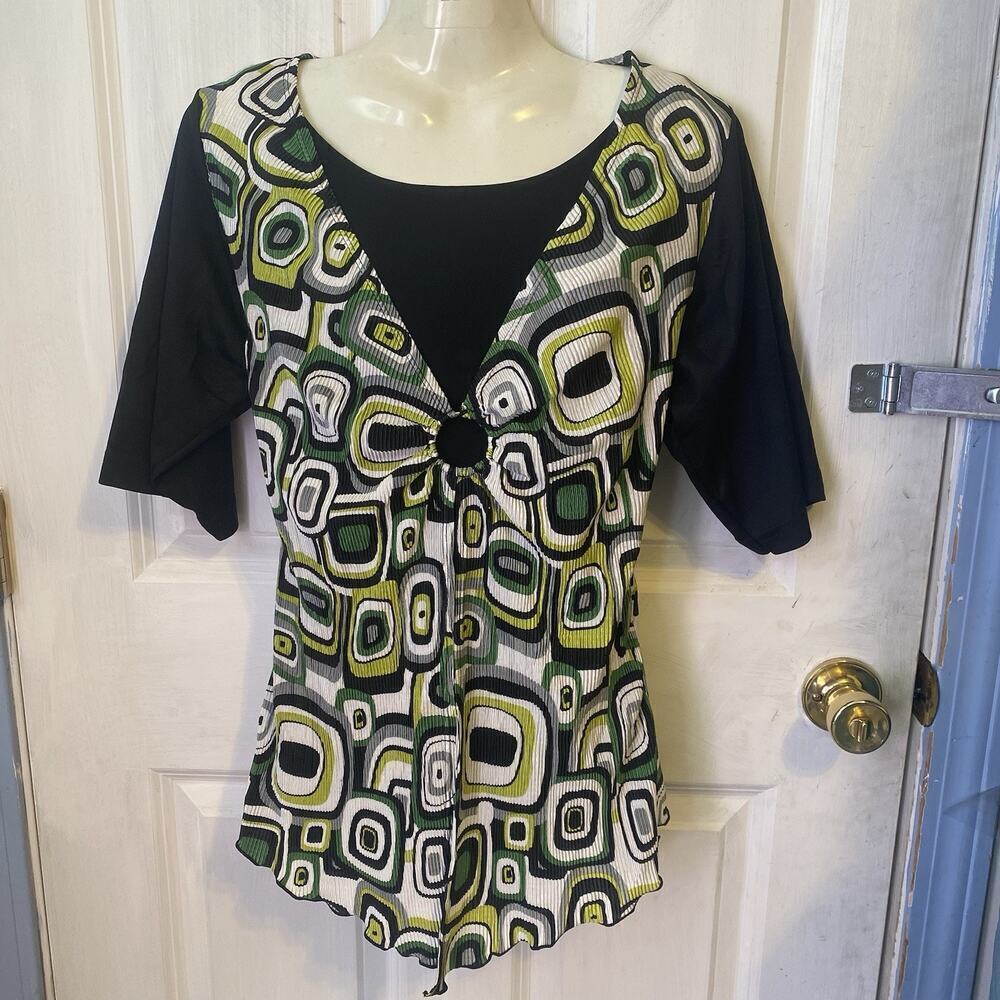 VTG 90s Notations Blouse Top Women S BlackGreen Babydoll Dark Layer Short Slev